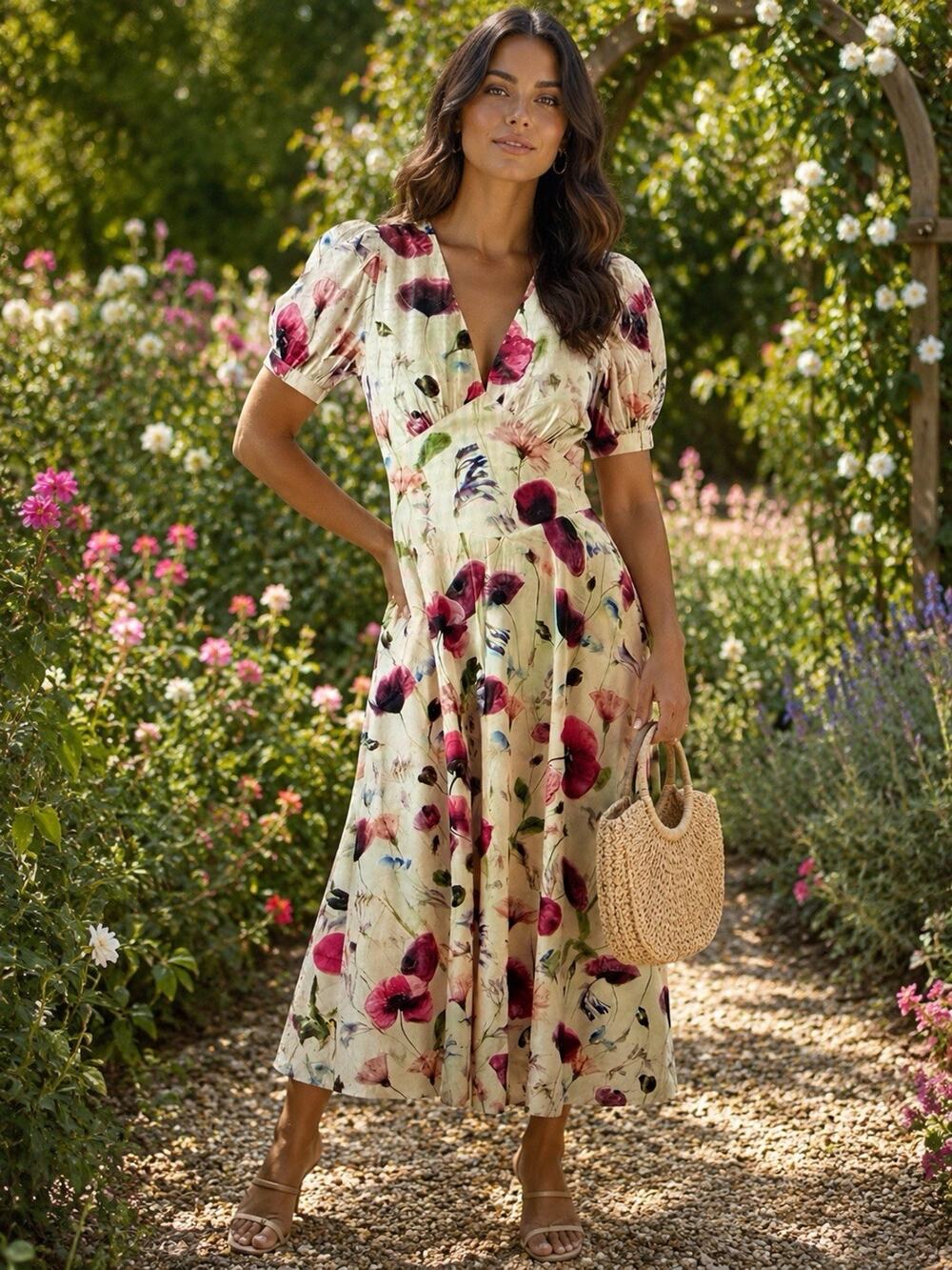 Curds & Whey Floral Puffed Sleeves Linen Blend Dress, Small